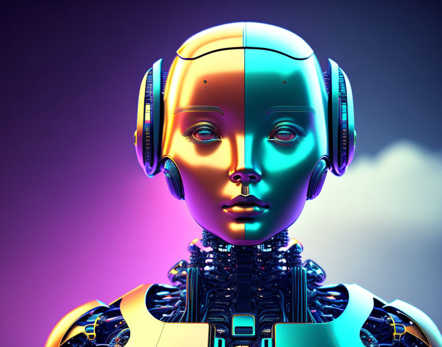 Futuristic robot with human-like face and neon lighting colors