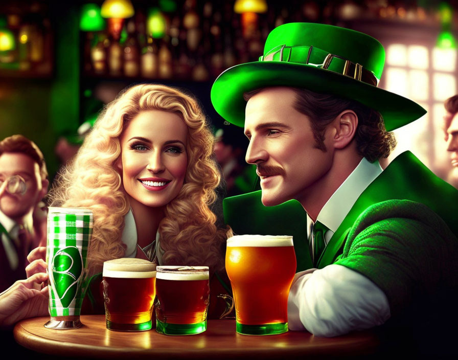 Illustration of smiling man and woman in Irish pub setting