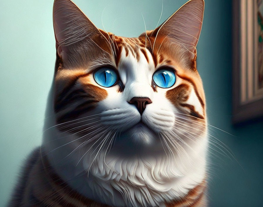 Brown and White Cat with Blue Eyes in Teal Background and Picture Frame