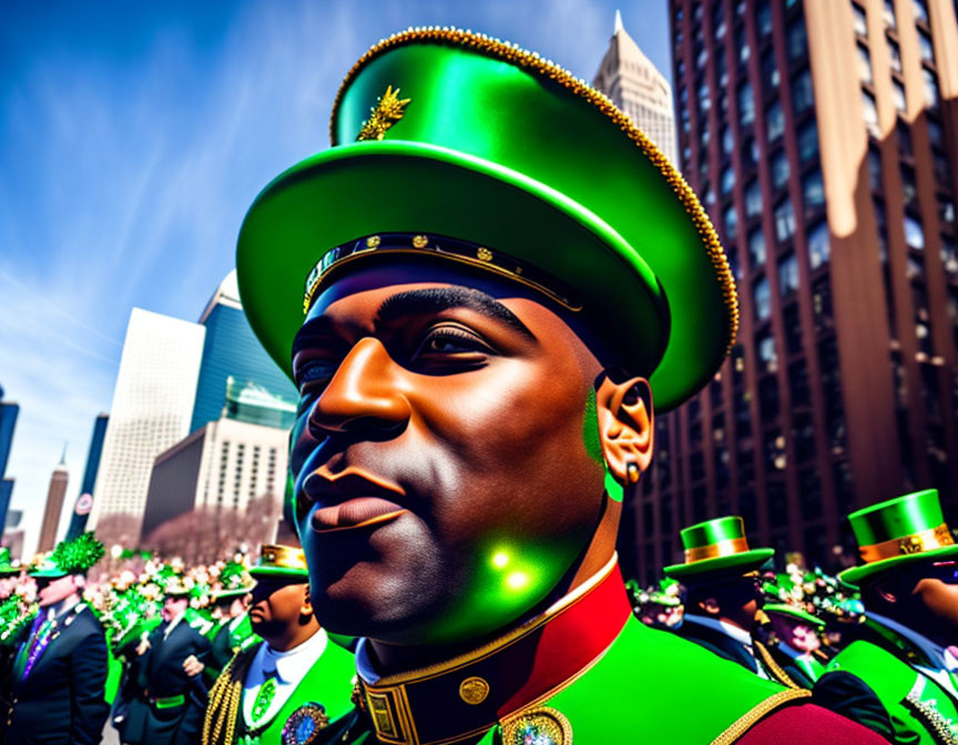 Man in Vibrant Green Top Hat at St. Patrick's Day Parade