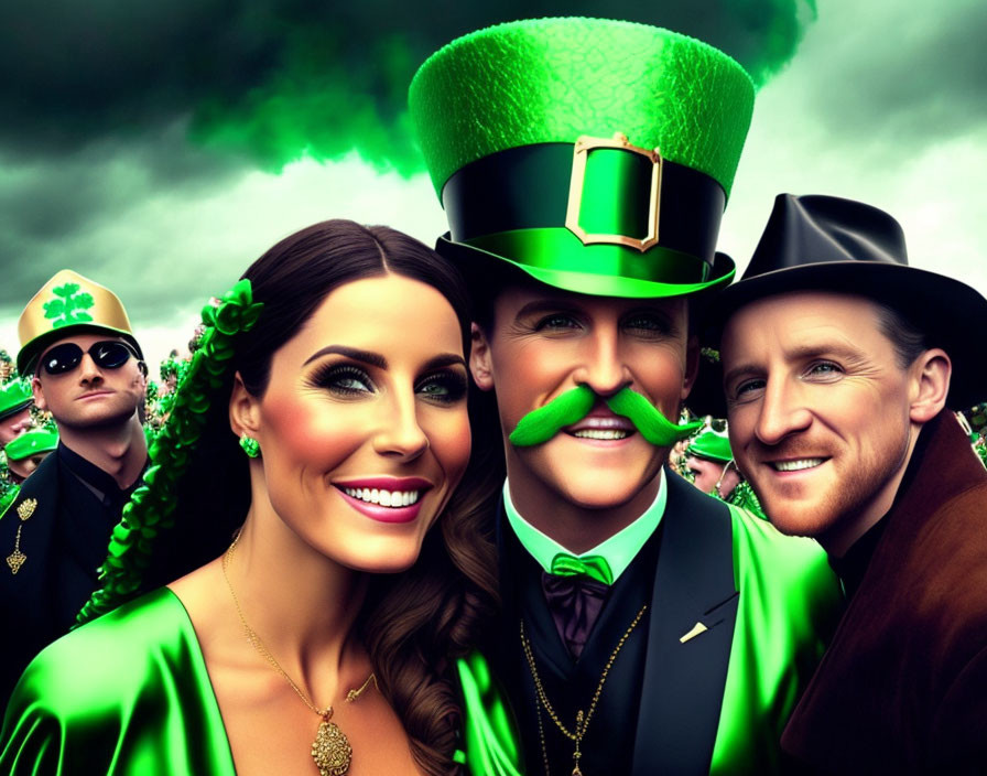 Vibrant St. Patrick's Day themed group celebration in green outfits