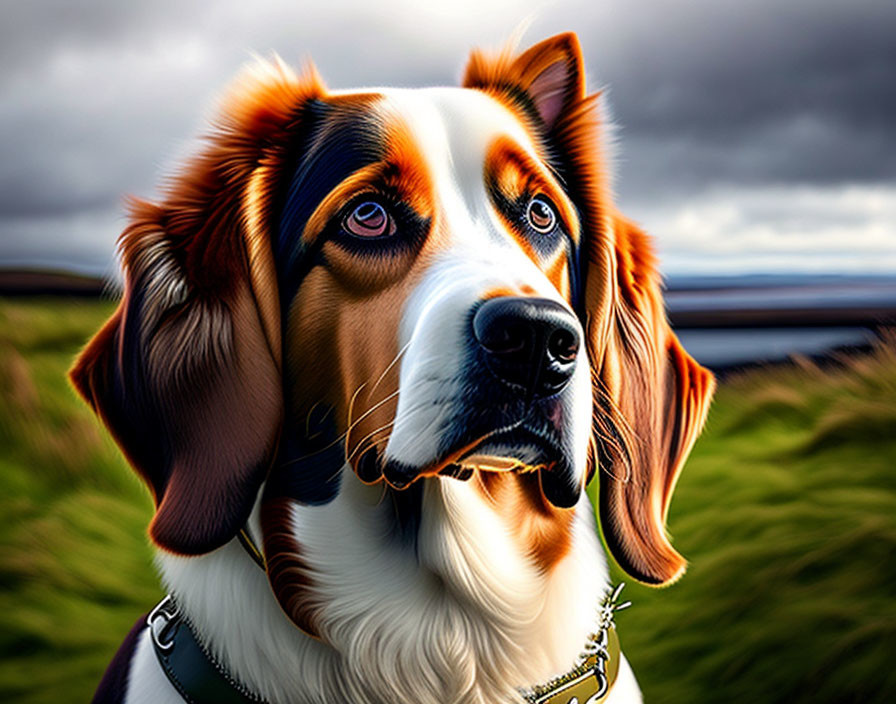 Tricolor dog with brown eyes, floppy ears, collar, shiny coat on grassy field under cloudy