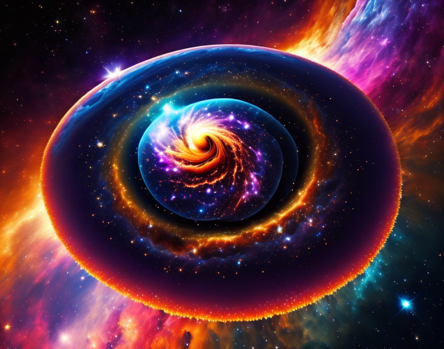 Colorful swirling galaxy and nebulas in digital artwork.