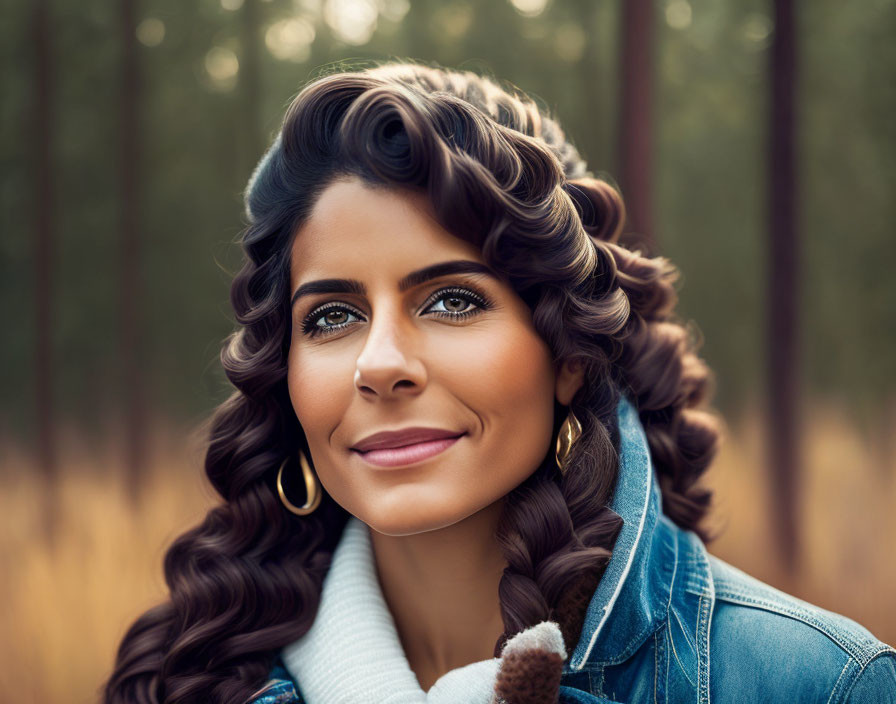 Curled hair woman in denim jacket smiles in forest setting