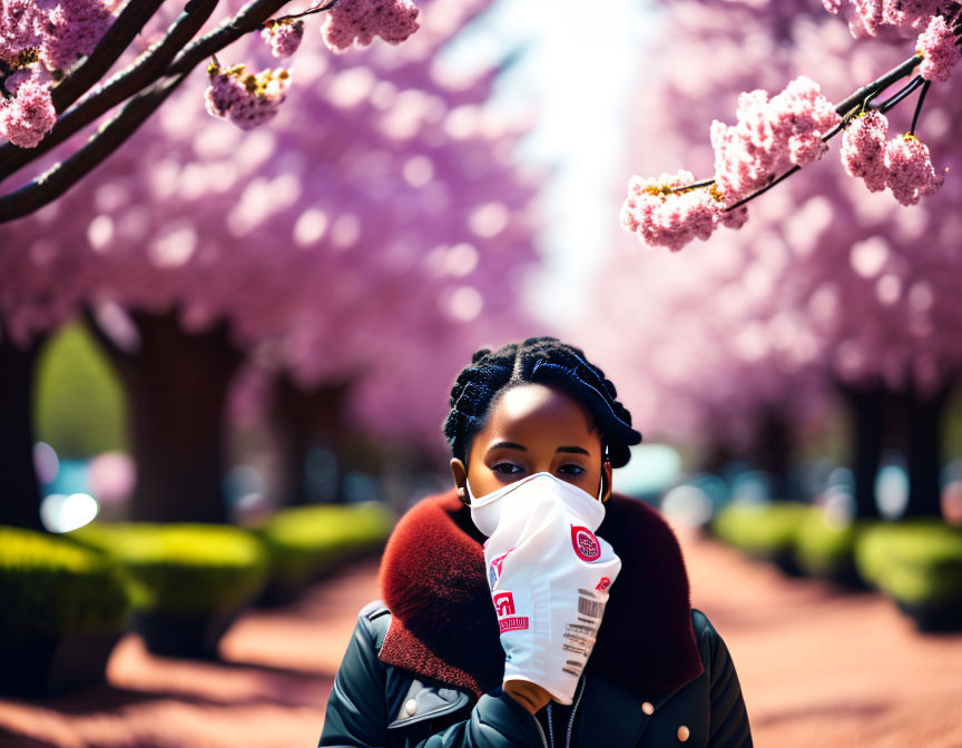 Person wearing mask with coffee cup under pink cherry blossoms