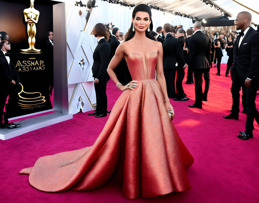 Elegant woman in strapless gown at formal event with Oscar statue