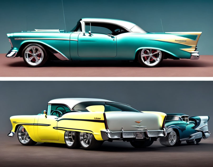 Vintage Custom Cars Collage: Teal & White vs. Yellow & White