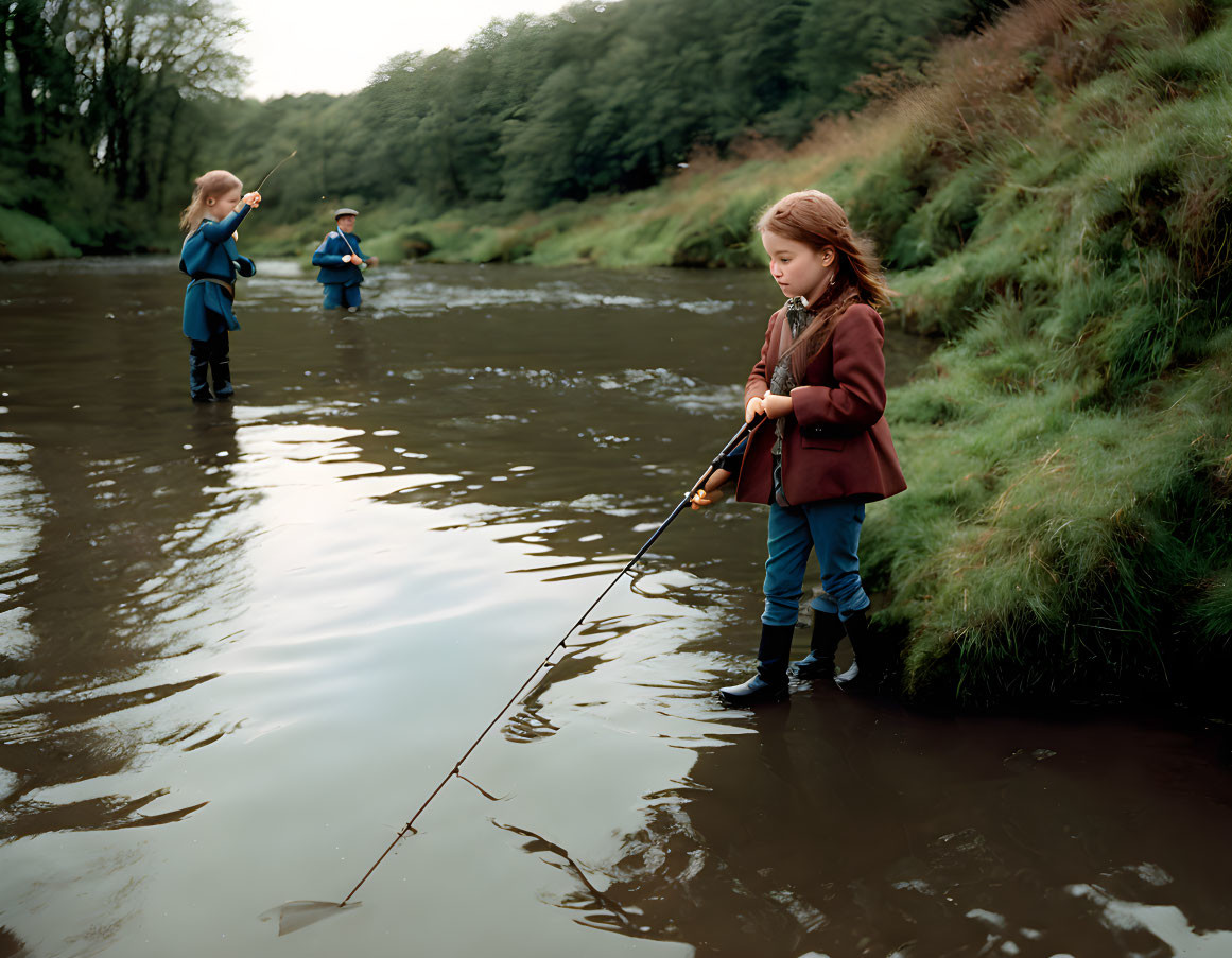 Children fishing in a stream with boots on