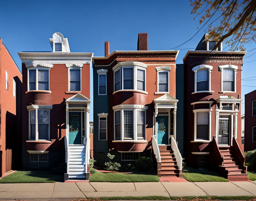 Colorful doors and symmetrical staircases on brick houses under clear blue sky