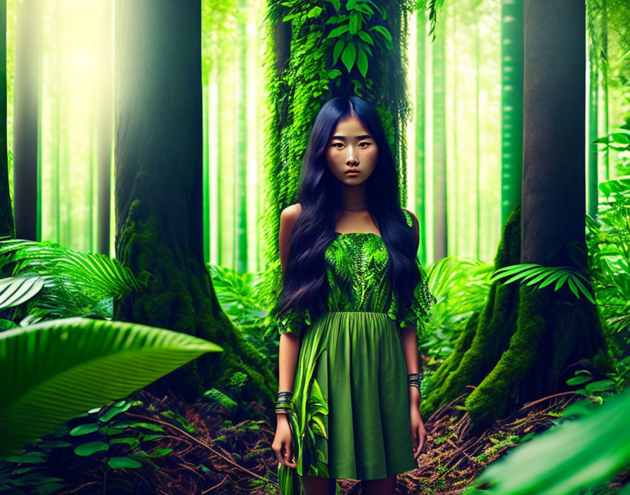 Woman in Green Dress Standing in Lush Forest with Sunlight Filtering Through Foliage