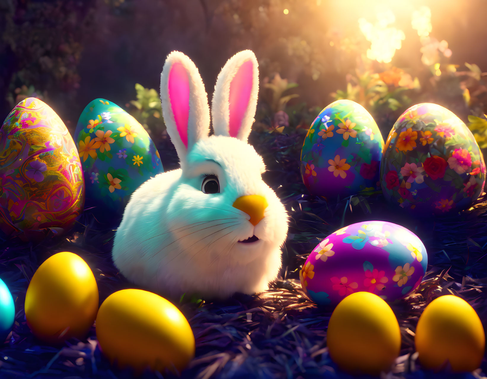 Colorful Easter Bunny with Painted Eggs in Sunlit Scene