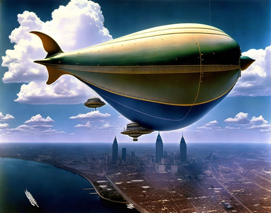 Futuristic fish-like airship over city river under cloudy sky