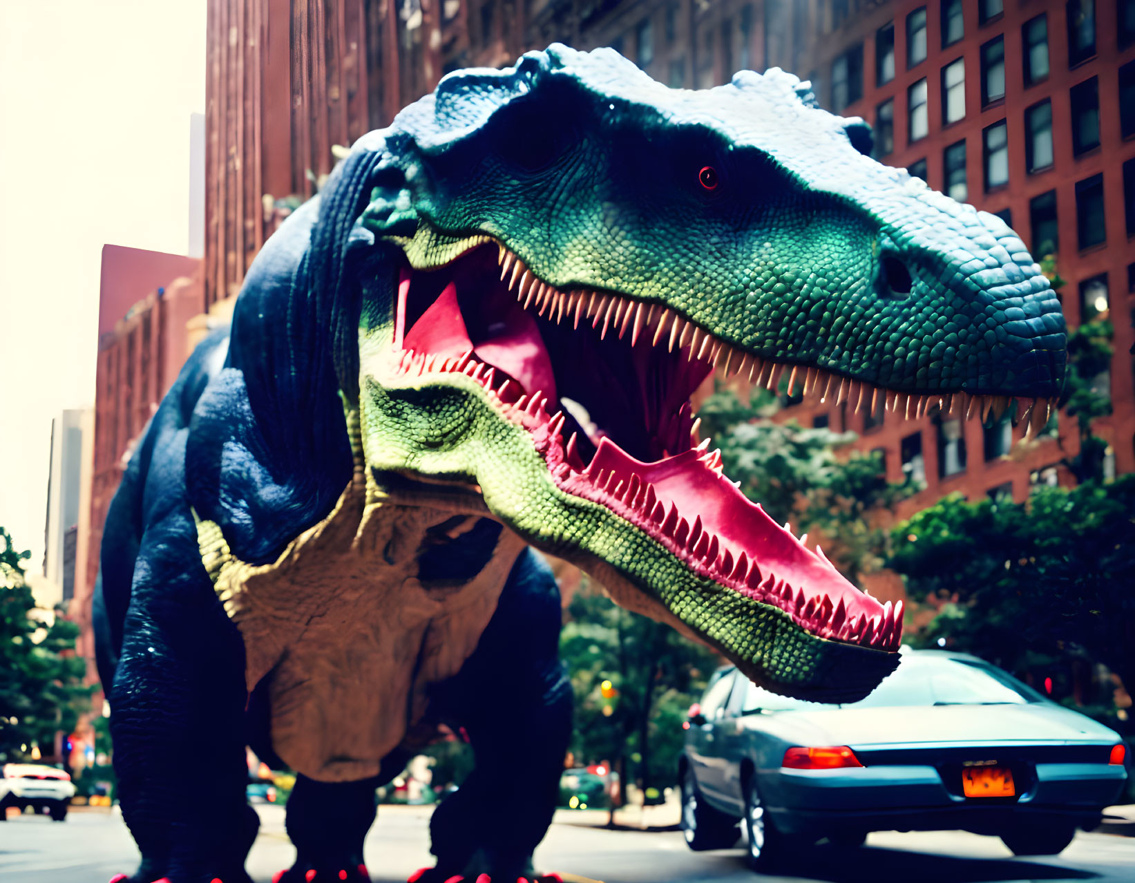 Realistic Tyrannosaurus Rex model on urban street with jaws open above car