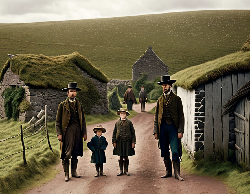 Historical scene: Two men in top hats with children walking on rural path.