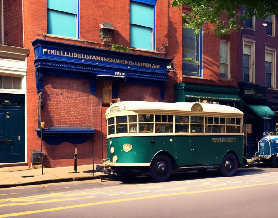 Vintage Green and Cream Bus Outside Blue-Trimmed Brick Building