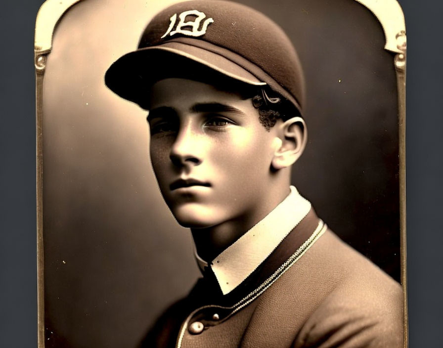 Vintage portrait of young man in old-fashioned baseball uniform with "B" cap