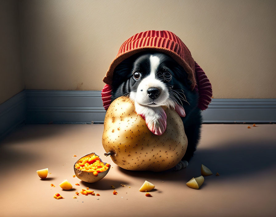 Adorable Puppy in Red Knitted Hat with Orange Fruit in Cozy Room