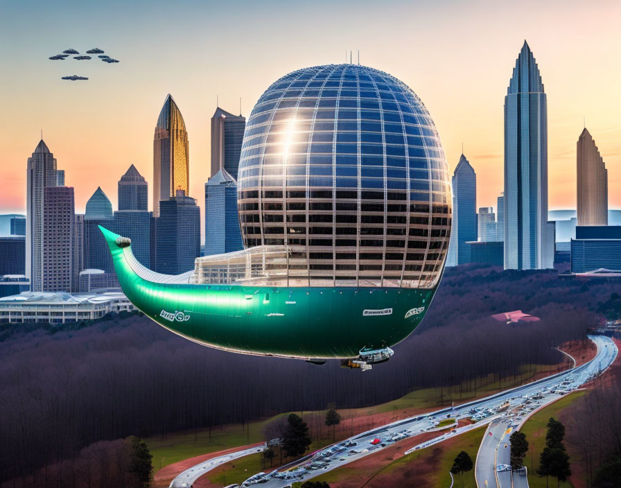 Futuristic whale-like airship over city skyline at dusk