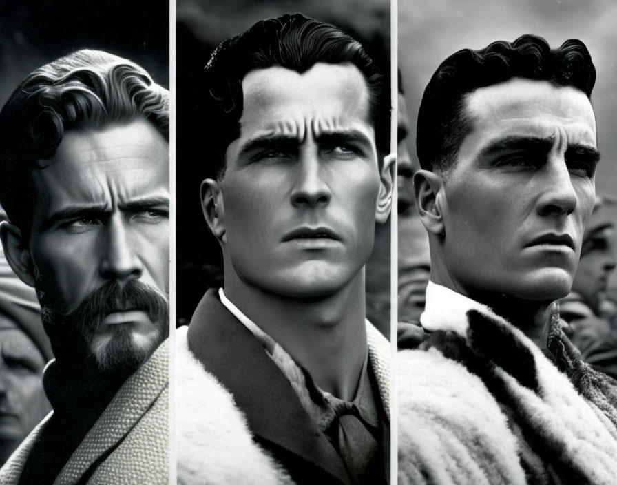 Progressive facial hair evolution in three monochrome portraits