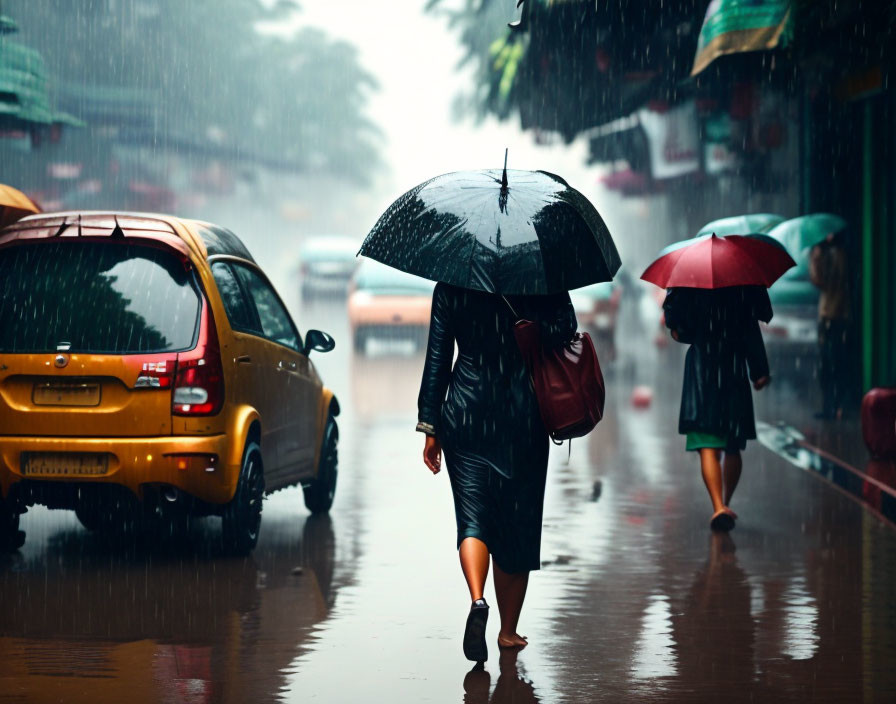 Two people with black and red umbrellas on rainy street with yellow car.