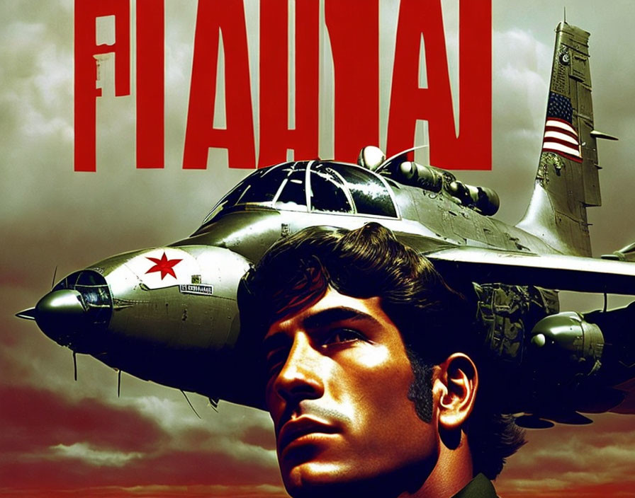 Stylized poster with determined man, fighter jet, and Cyrillic text.