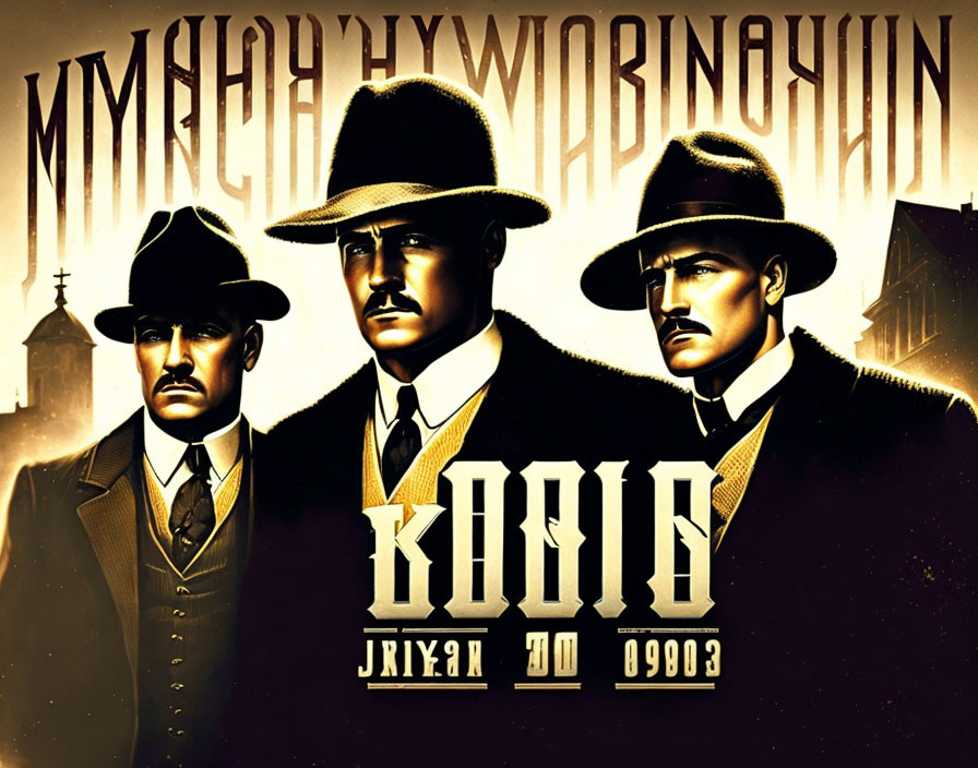 Vintage Style Cyrillic Poster Featuring Three Men in Hats