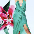 Animated character in turquoise dress with stars holding pink flower, tropical palm & blue sky.