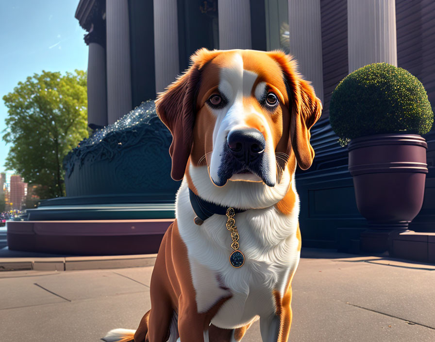 Brown and White Dog with Medal Sitting in Front of Building with Columns