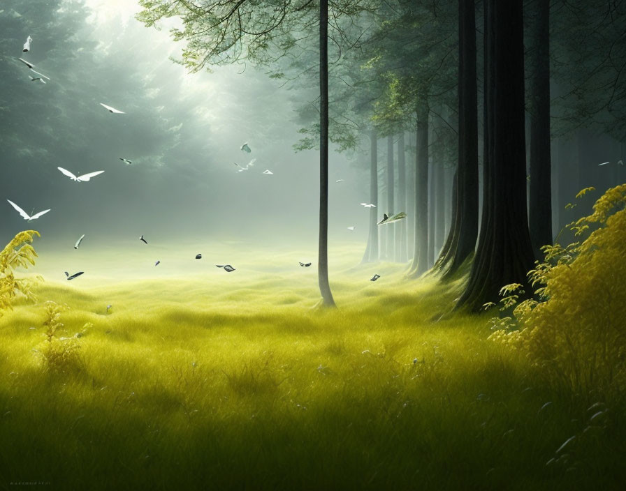 Tranquil forest landscape with tall trees, misty background, green grass, and flying birds