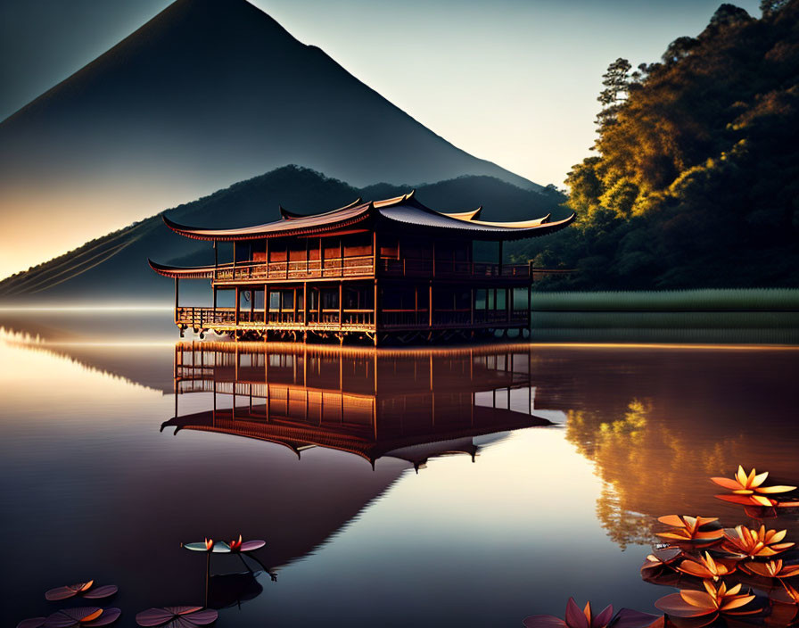 Tranquil Asian pagoda by lake at dusk with lotus flowers