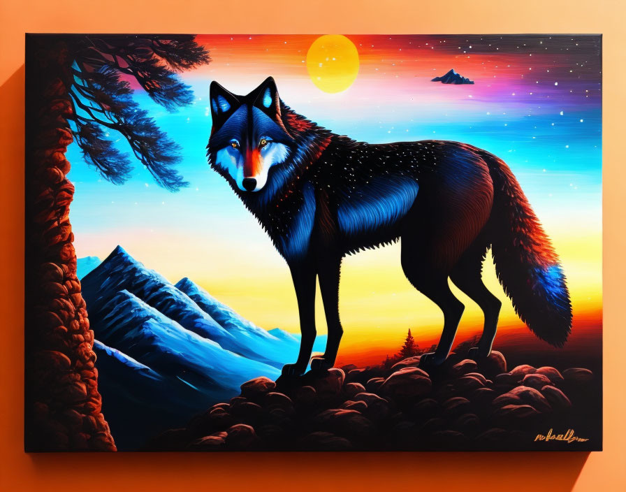 Colorful wolf painting on rocky outcrop with sunset, pine trees, and mountains.