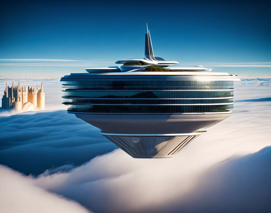 Futuristic flying city with layered architecture and central spire above clouds