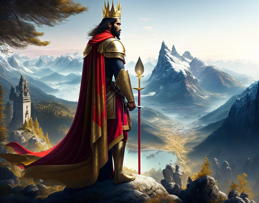 Royal figure in red cape with spear on rocky outcrop gazes at scenic valley, mountains, lake