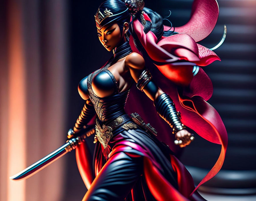 Warrior-like figure in black and red armor wields sword.