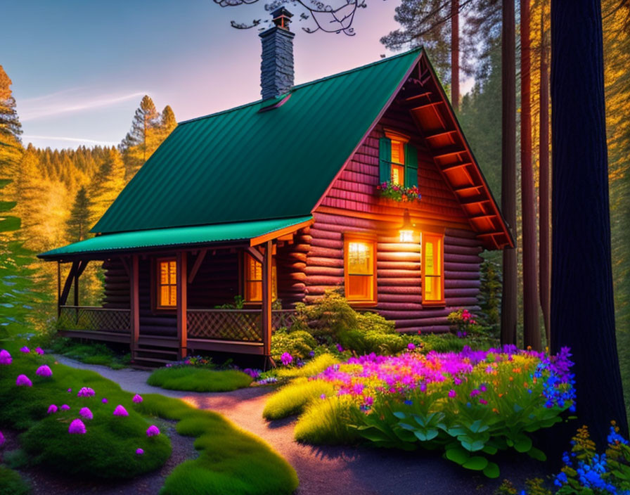 Rustic log cabin with green roof in forest setting at dusk