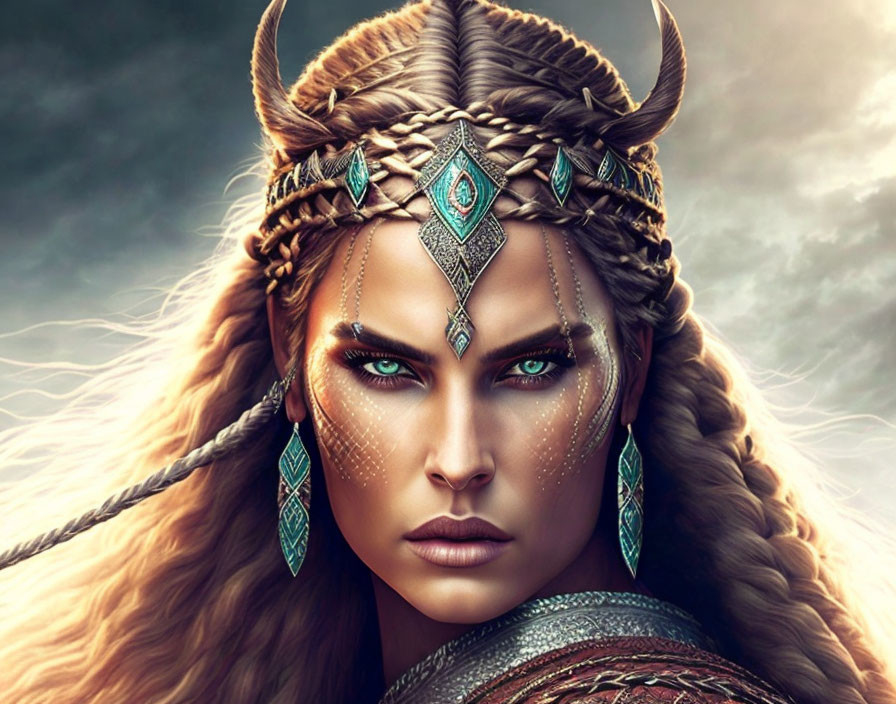 Fantasy Female Warrior with Horned Headpiece and Teal Jewelry