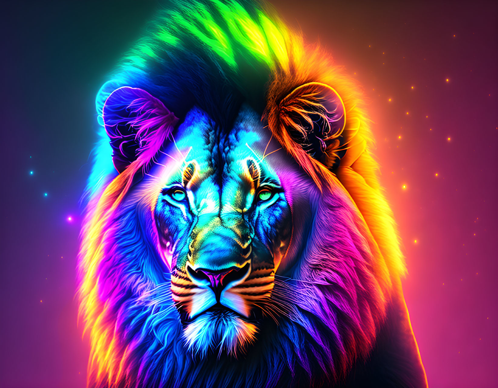 Colorful Neon Lion Face Art Against Starry Background