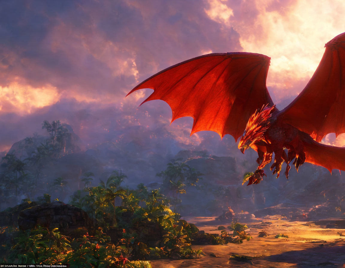 Red dragon flying over tropical landscape at sunset