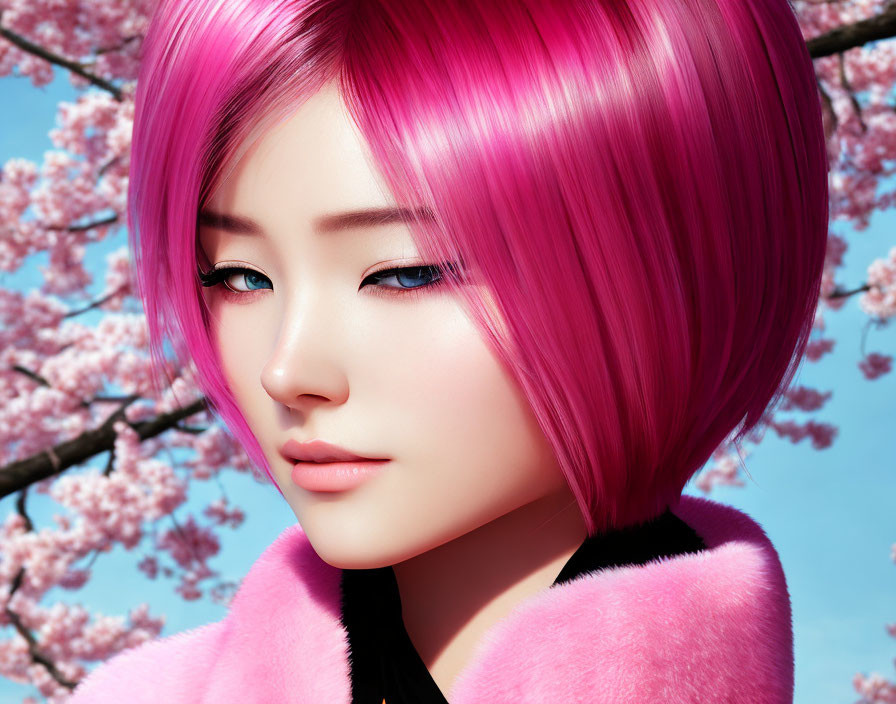 Digital art portrait of female with vibrant pink hair, pale skin, subtle makeup, cherry blossoms,