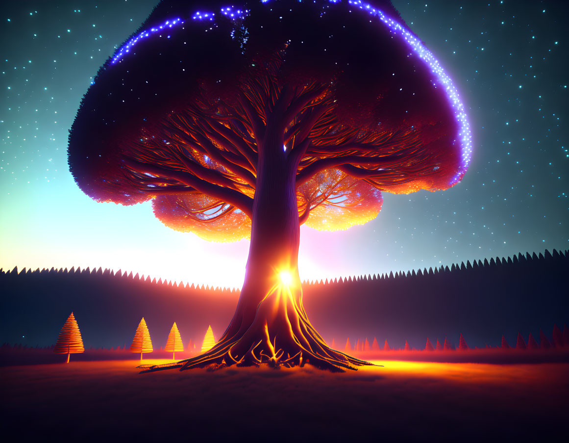 Glowing oversized tree in mystical forest landscape