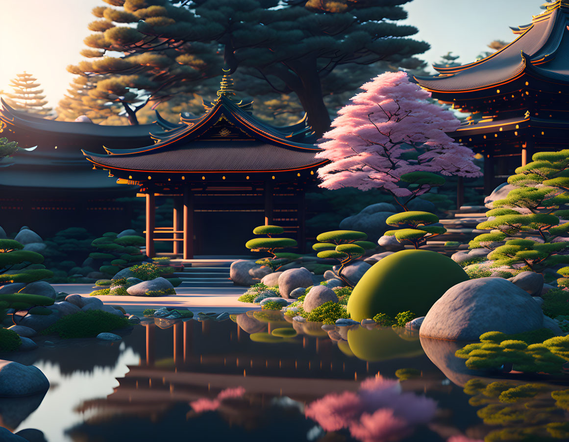 Japanese Garden with Pond, Cherry Blossom, and Traditional Architecture at Golden Hour