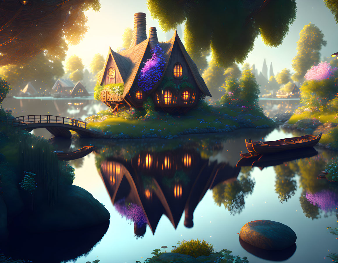 Whimsical mushroom houses in forest landscape by tranquil river at sunset