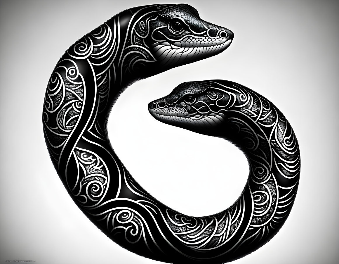 Detailed black and white tribal patterns on two snakes in yin-yang configuration