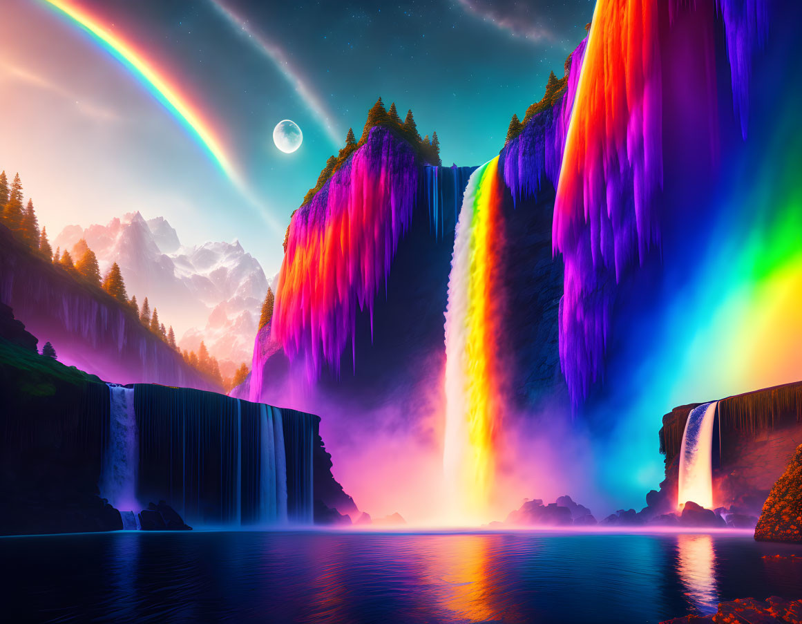 Colorful Waterfalls, Rainbow, Moon, and Mist in Fantasy Landscape