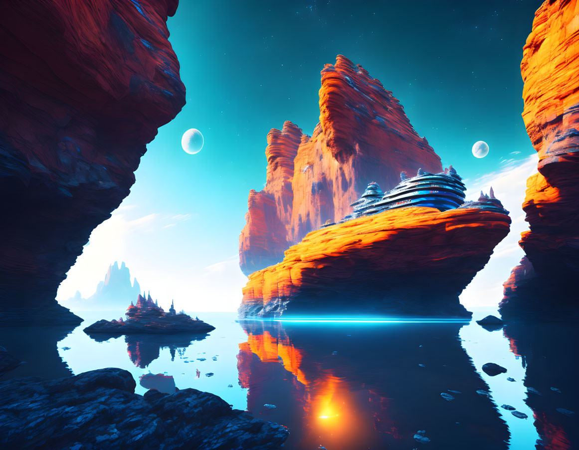 Colorful sci-fi landscape with orange rock formations, blue water, and twin moons