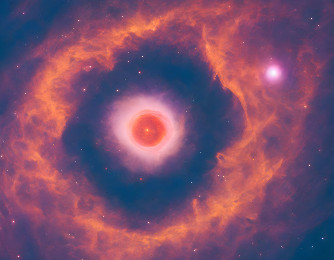 Cosmic scene with glowing central star and swirling reddish-orange patterns