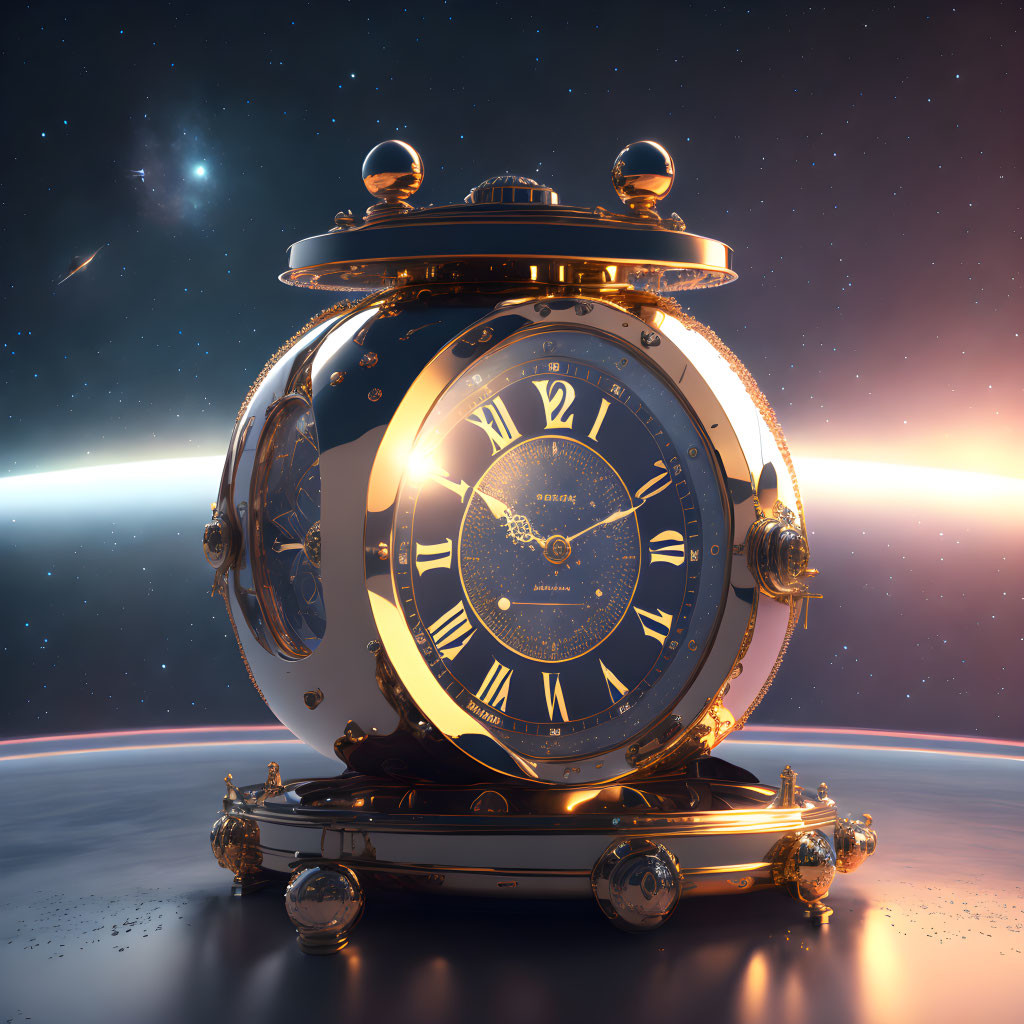 Ornate floating clock in futuristic space scene