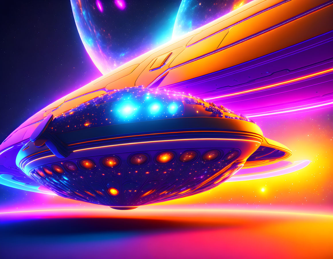 Colorful futuristic spaceship illustration against celestial backdrop