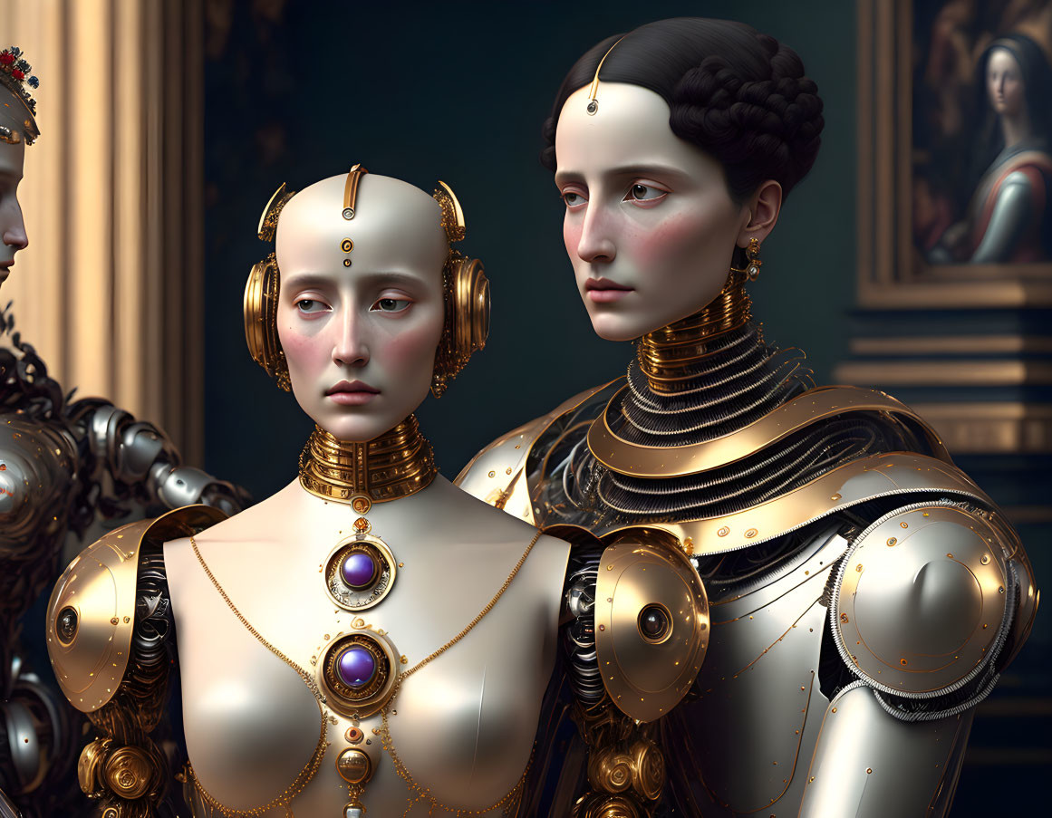 Intricate Renaissance-inspired humanoid robots with golden accents