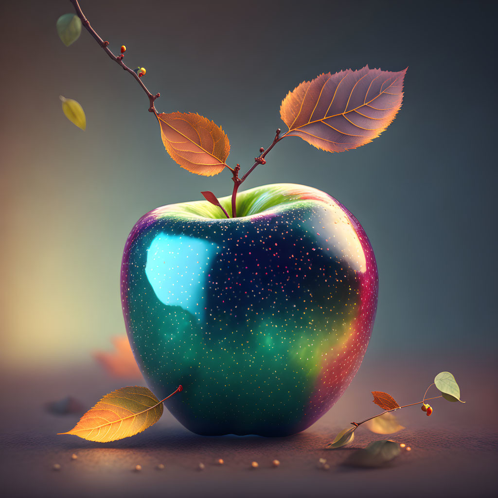 Galaxy-themed digital artwork of cosmic apple with leaves and branches